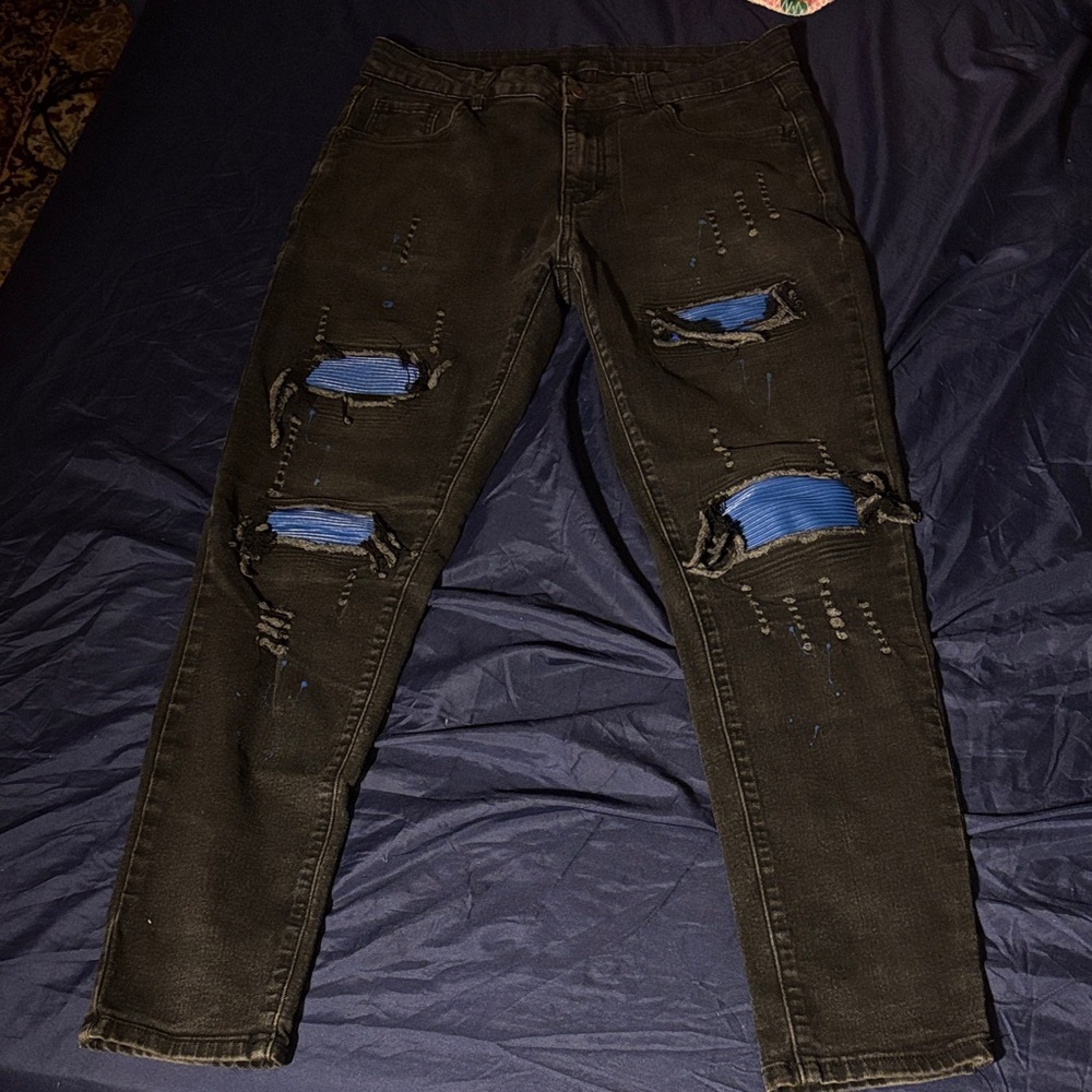 SHEIN Black Skinny Jeans with Blue Rips